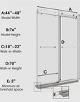 48 in brushed nickel sliding shower door dimension diagram showing 48 x 76 inch size, walk-in width, and height measurements | Ace Decor