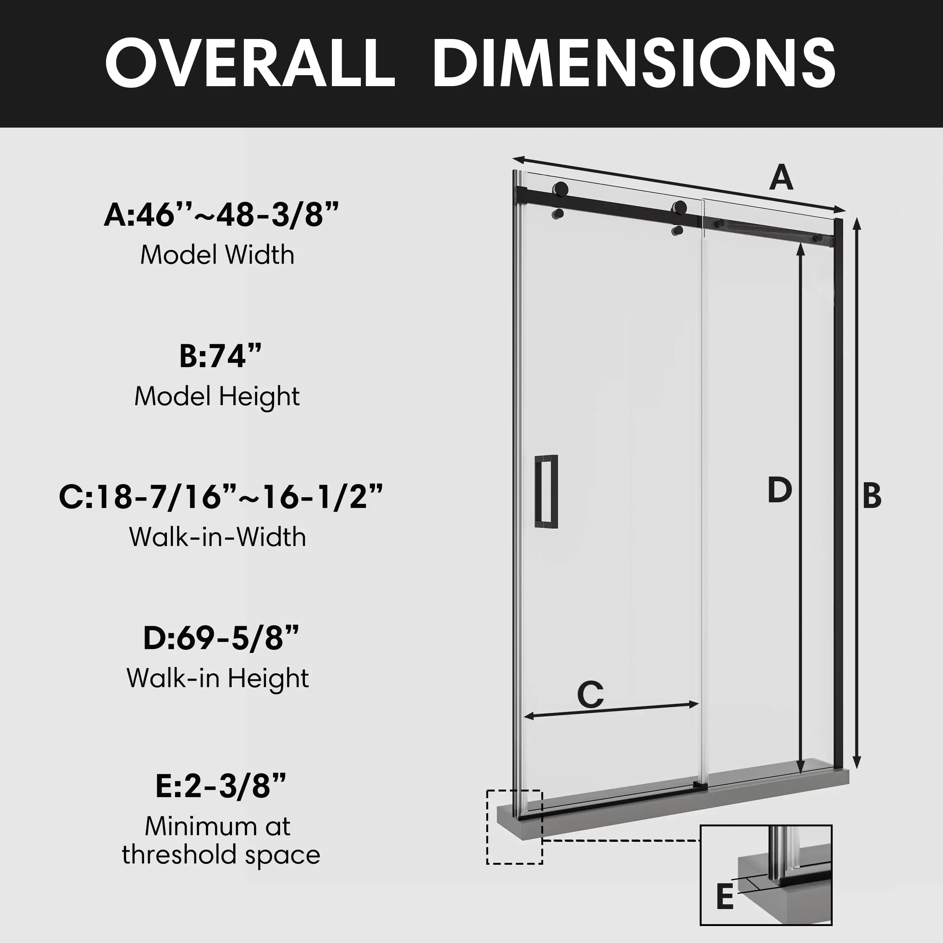 Frameless sliding shower screen, 48 x 74 inches, tempered glass with overall dimension details | Ace Decor