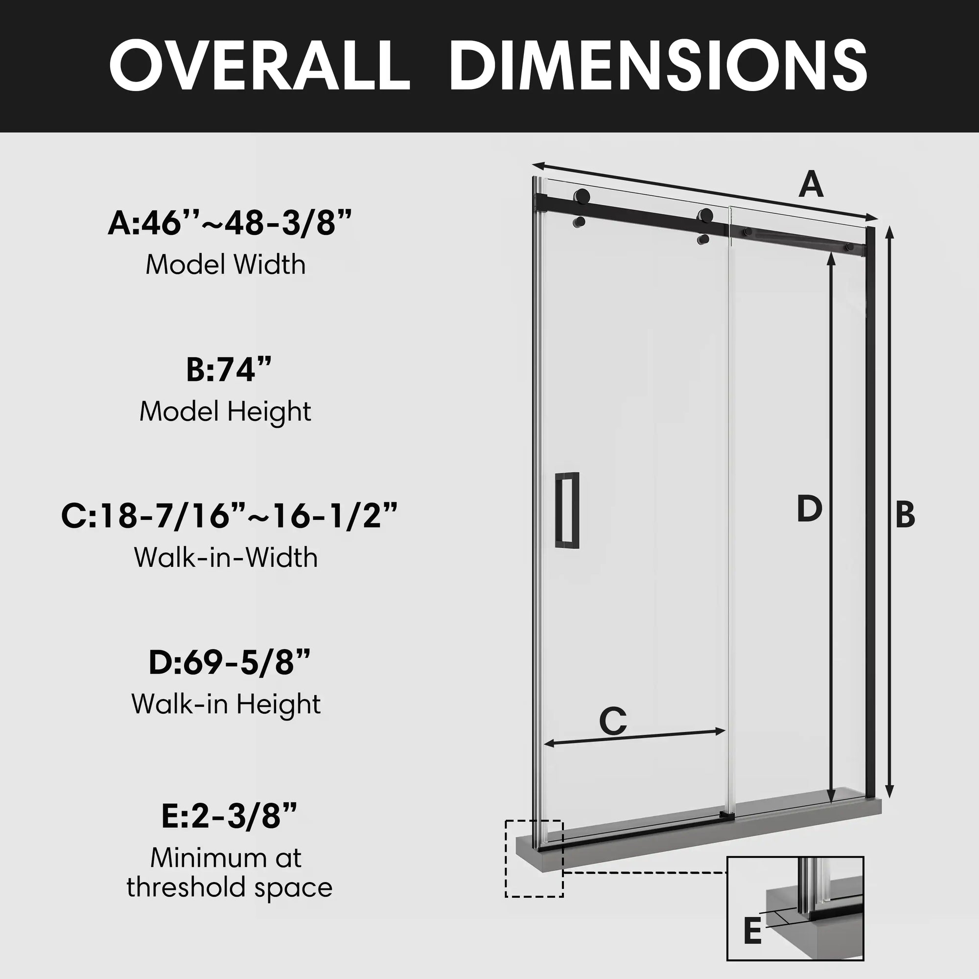 Frameless sliding shower screen, 48 x 74 inches, tempered glass with overall dimension details | Ace Decor