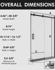 Frameless sliding shower screen, 48 x 74 inches, tempered glass with overall dimension details | Ace Decor