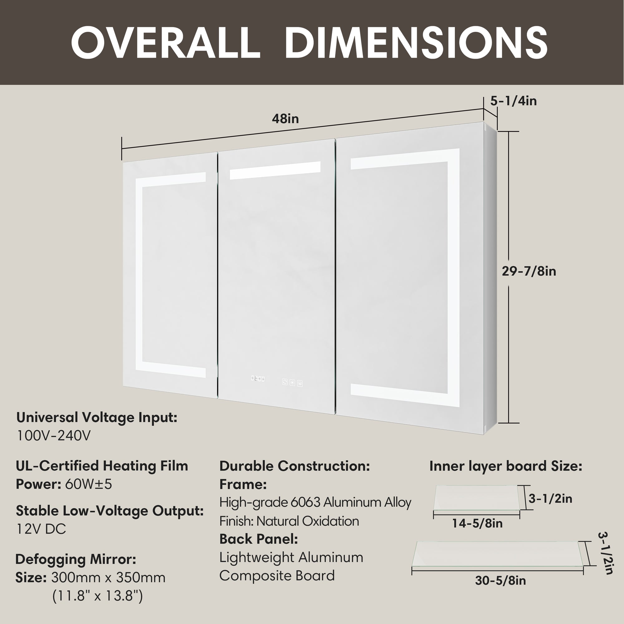 Overall dimensions of Pro Shower 48x30 Rectangular LED Medicine Cabinet.
