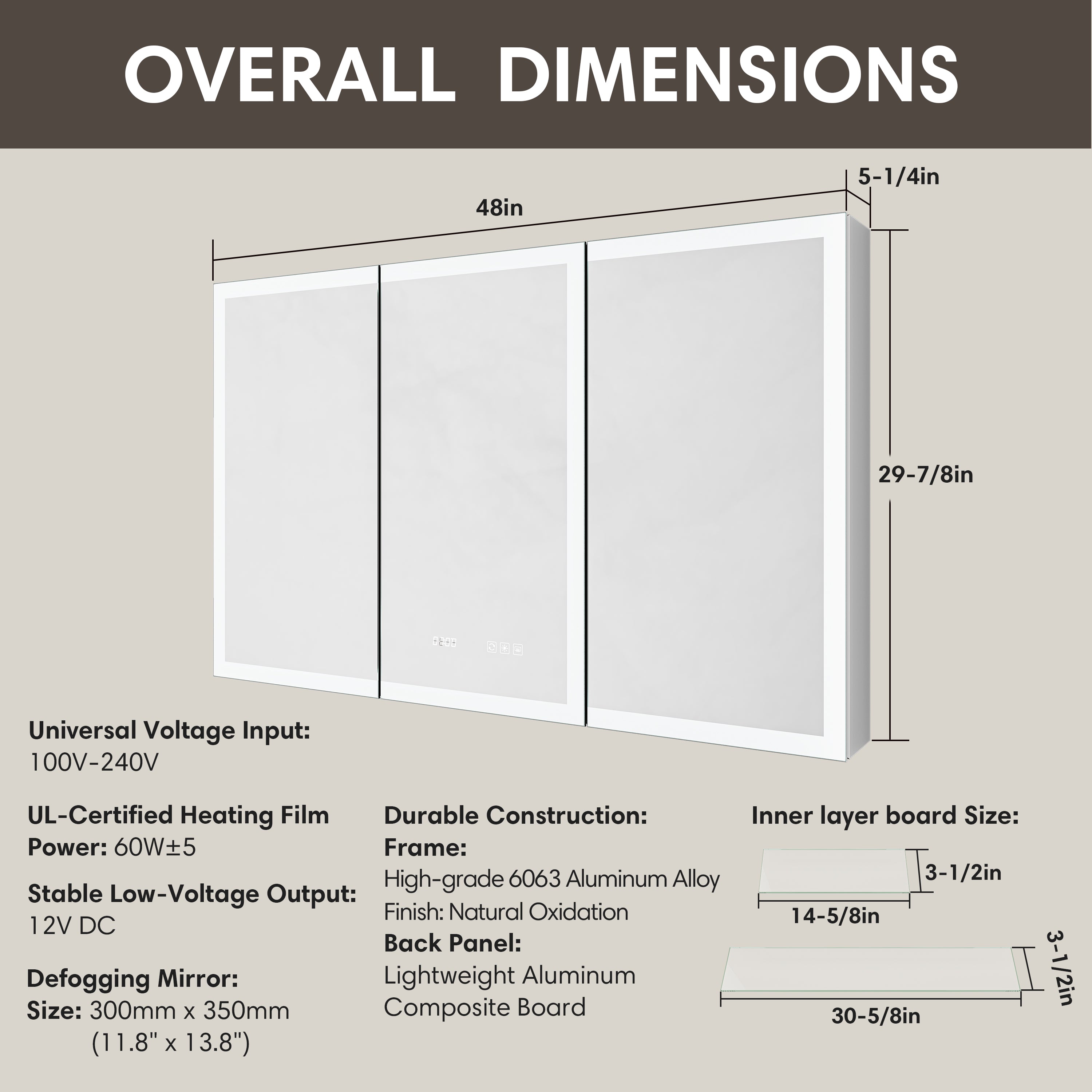 Triple-door medicine cabinet dimension diagram with overall and board sizes labeled