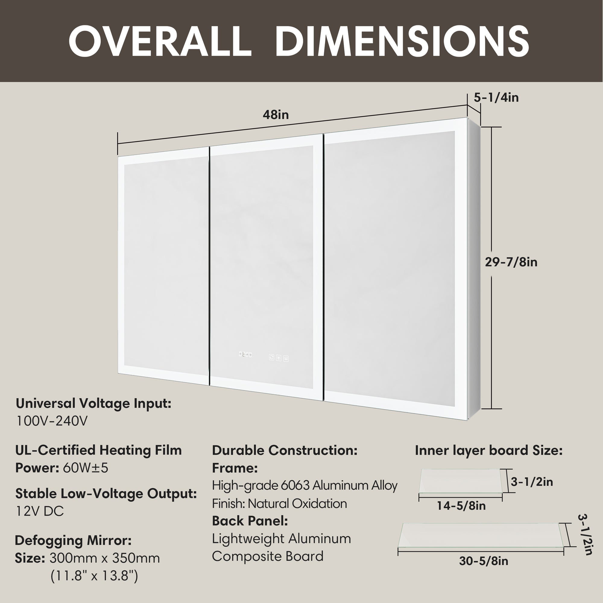 Triple-door medicine cabinet dimension diagram with overall and board sizes labeled