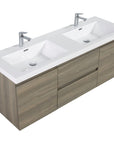59 inch double sink vanity with ash grey floating cabinet and integrated solid surface countertop | Ace Decor