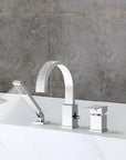 FLUNIX Chrome Waterfall Roman Tub Faucet installed on bathtub, with handheld shower spraying water.