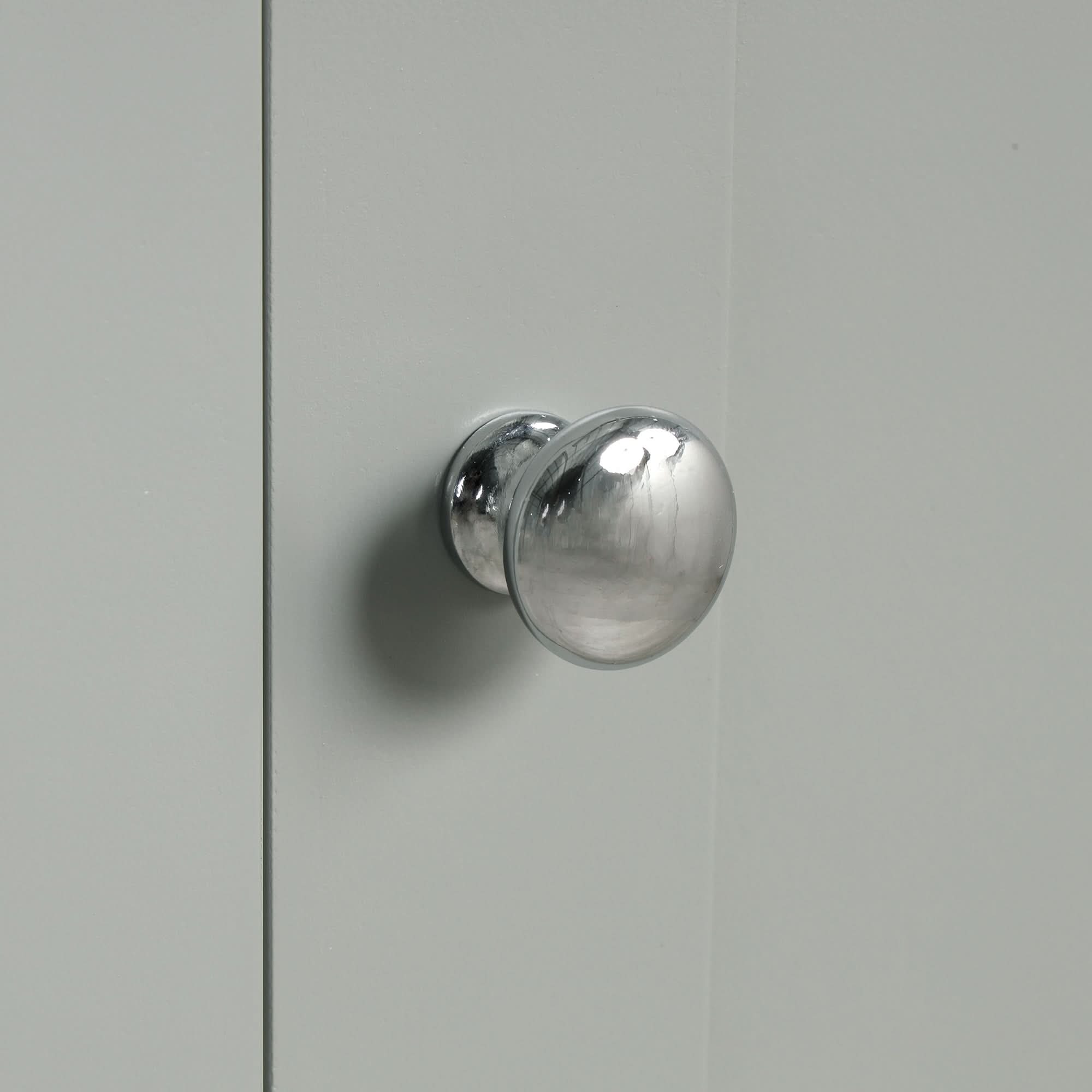 Metal door handle close-up on Norrin 67.3 inch grey tall narrow bathroom storage cabinet.