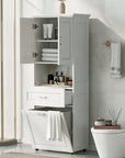 White 69.92-inch bathroom storage cabinet with open doors, displaying strong storage capacity for towels, bottles, and daily essentials in a modern bathroom.