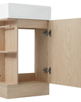 18.6" oak finish bathroom vanity with open storage and sink, angled view | Ace Decor