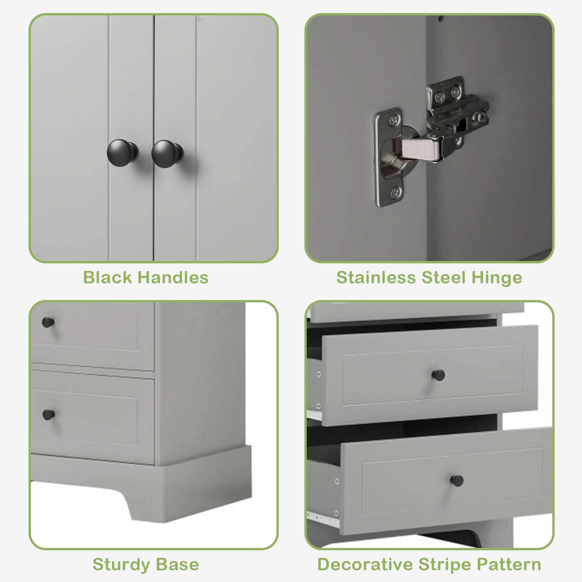 Tall grey bathroom linen cabinet with black handles, stainless steel hinges, sturdy base and stripe pattern.