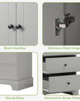 Tall grey bathroom linen cabinet with black handles, stainless steel hinges, sturdy base and stripe pattern.