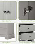 Tall grey bathroom linen cabinet with black handles, stainless steel hinges, sturdy base and stripe pattern.