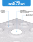 Underside of neo-angle shower base showing 3" PVC support, universal 2" drain opening, and fiberglass reinforcement.