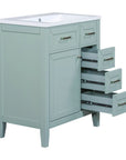 30 inch green bathroom vanity with sink and open drawers side view | Ace Decor
