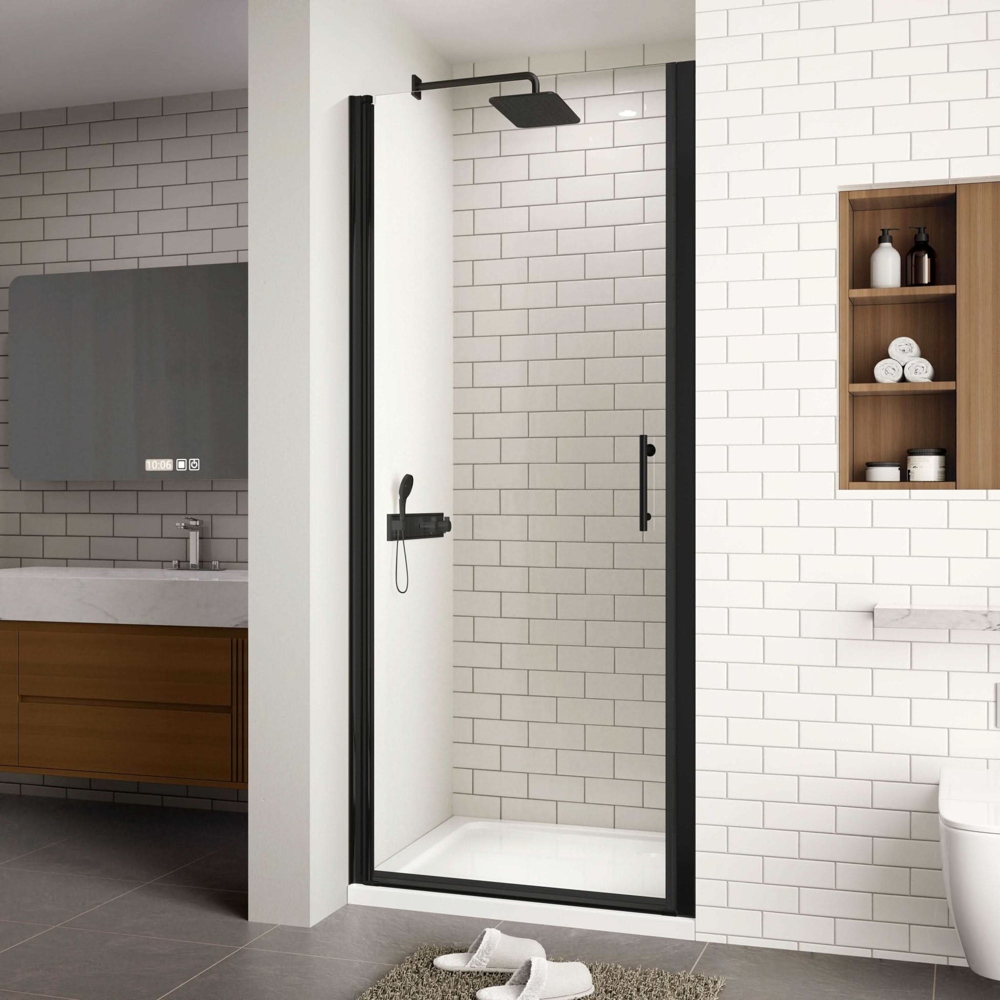 Bathroom with matte black semi-frameless pivot shower door and clear glass | Ace Decor