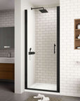 Bathroom with matte black semi-frameless pivot shower door and clear glass | Ace Decor