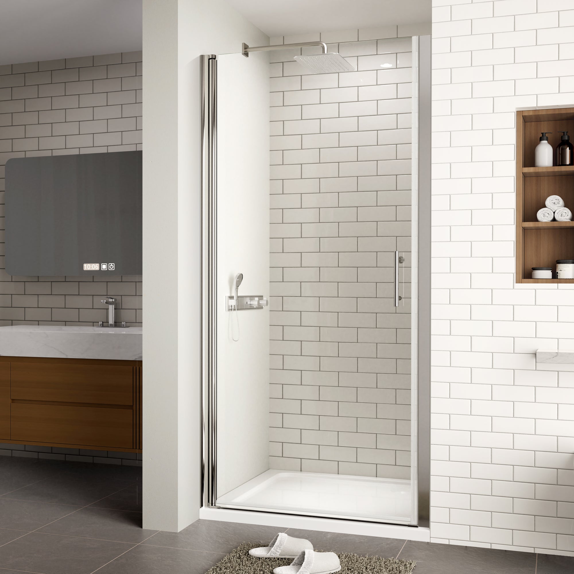 Bathroom with chrome semi-frameless pivot shower door and clear glass | Ace Decor