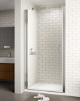 Bathroom with chrome semi-frameless pivot shower door and clear glass | Ace Decor