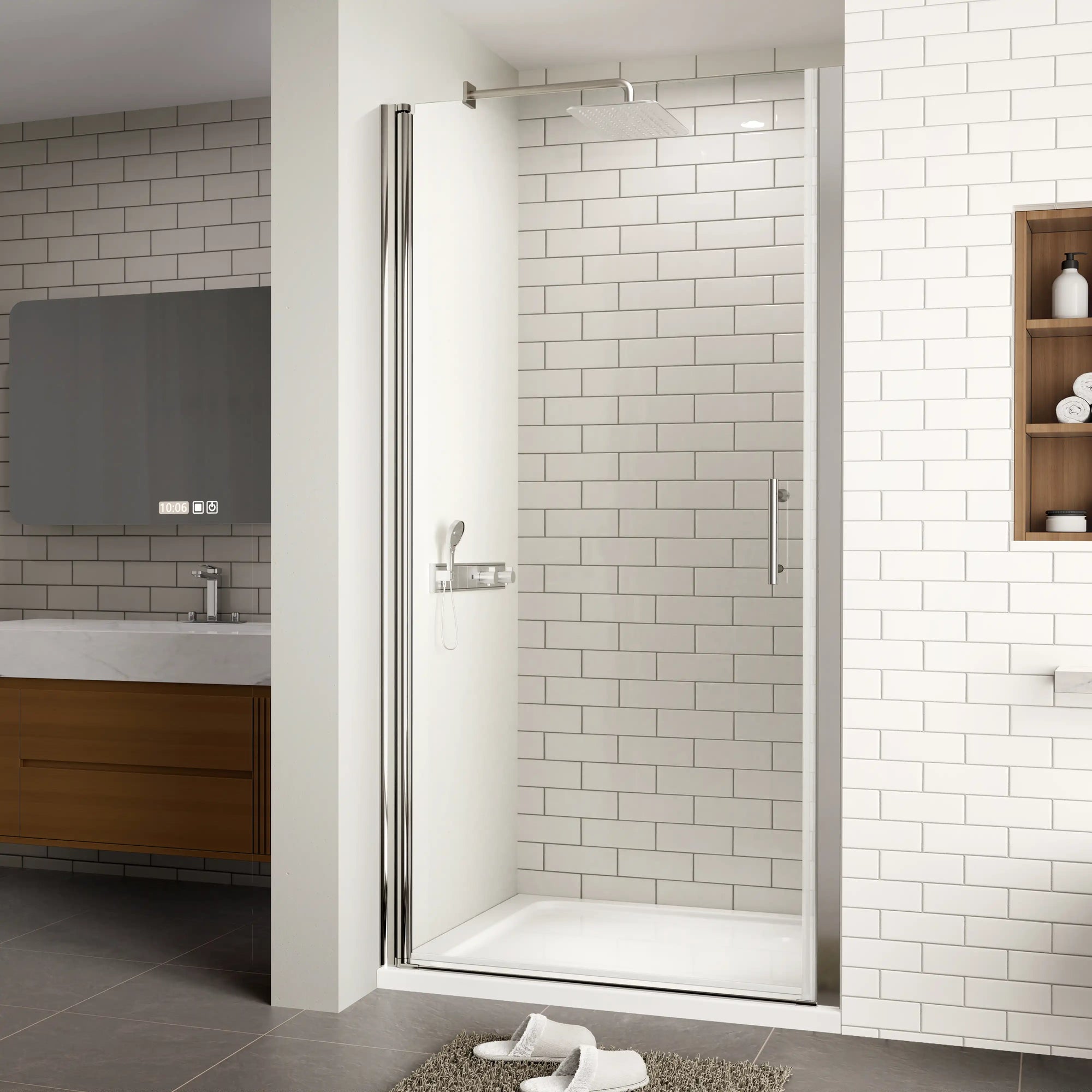 Bathroom with semi-frameless pivot shower door in chrome finish and clear glass | Ace Decor