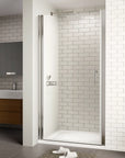 Bathroom with semi-frameless pivot shower door in chrome finish and clear glass | Ace Decor