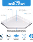 36-inch neo-angle shower base, showing multilayer construction, tile flanges, slip-resistant surface, and cUPC/CSA certifications.