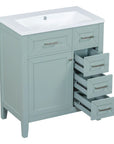 30 inch green bathroom vanity with open drawers front angle view | Ace Decor