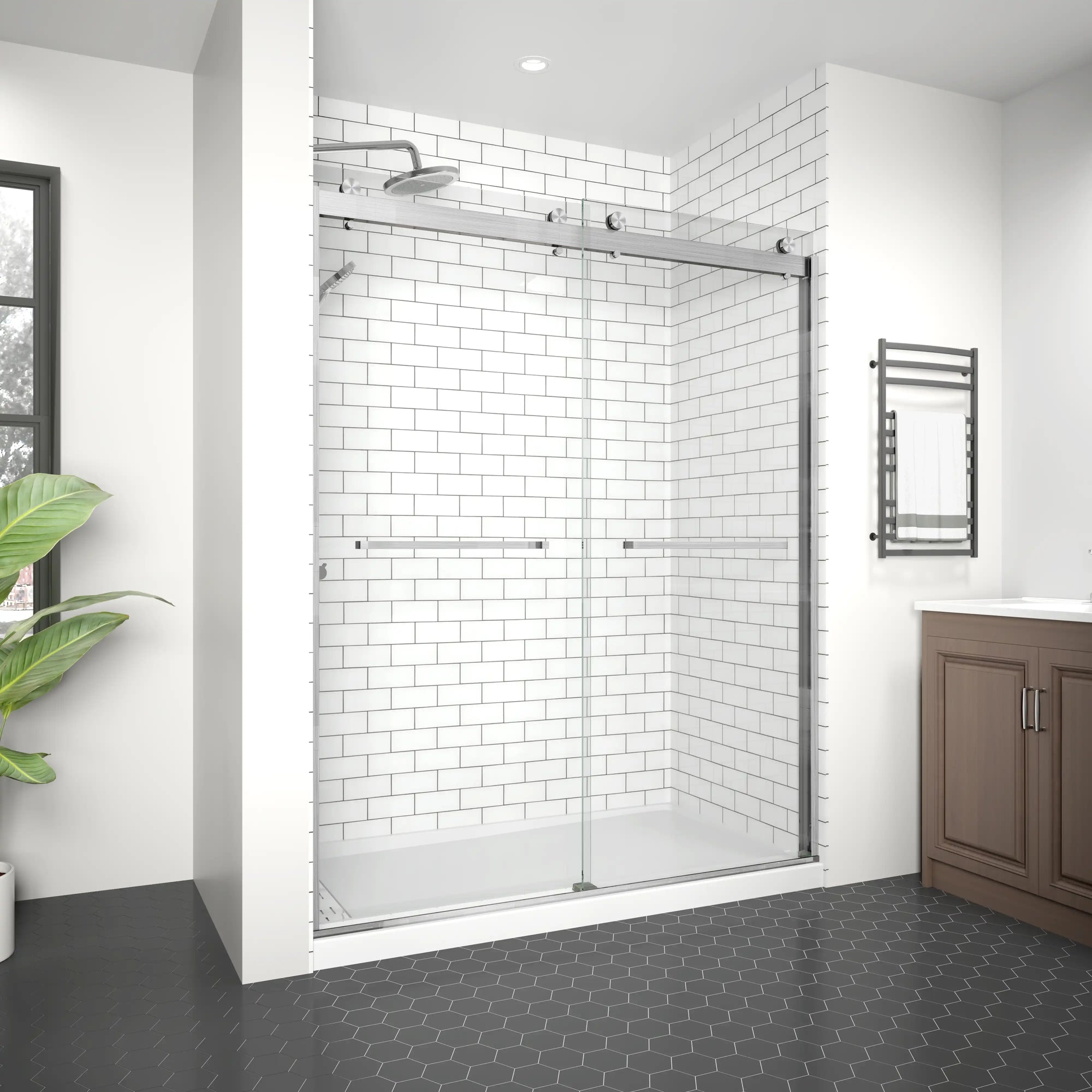Side view of sliding shower doors brushed nickel, frameless design, size 60 x 74 | Ace Decor
