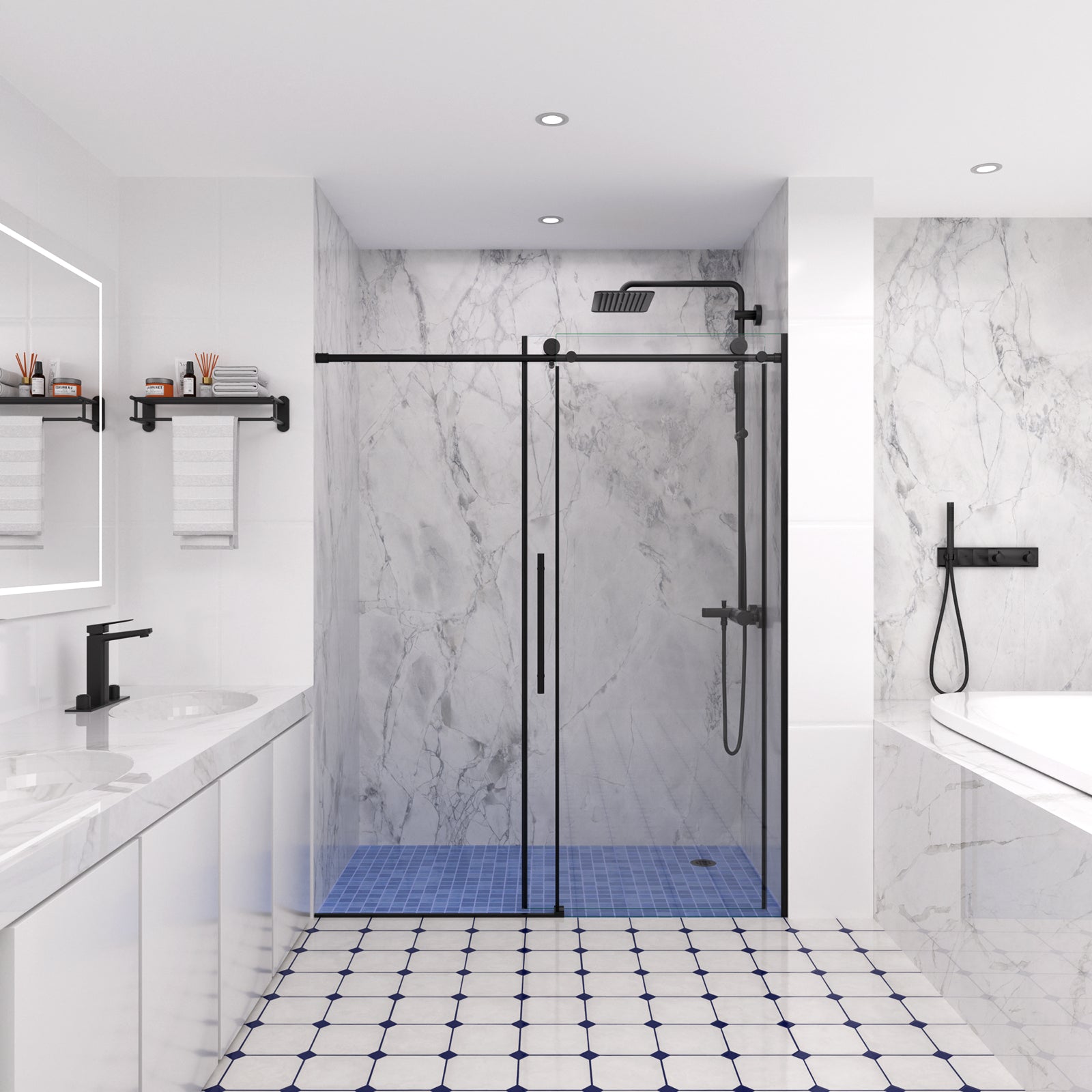 Open view of black frameless sliding shower door in modern bathroom, size 60 x 74 | Ace Decor