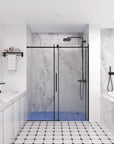 Open view of black frameless sliding shower door in modern bathroom, size 60 x 74 | Ace Decor