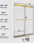 54 x 76 frameless double sliding shower doors size chart showing model width, height, and walk-in dimensions | Ace Decor