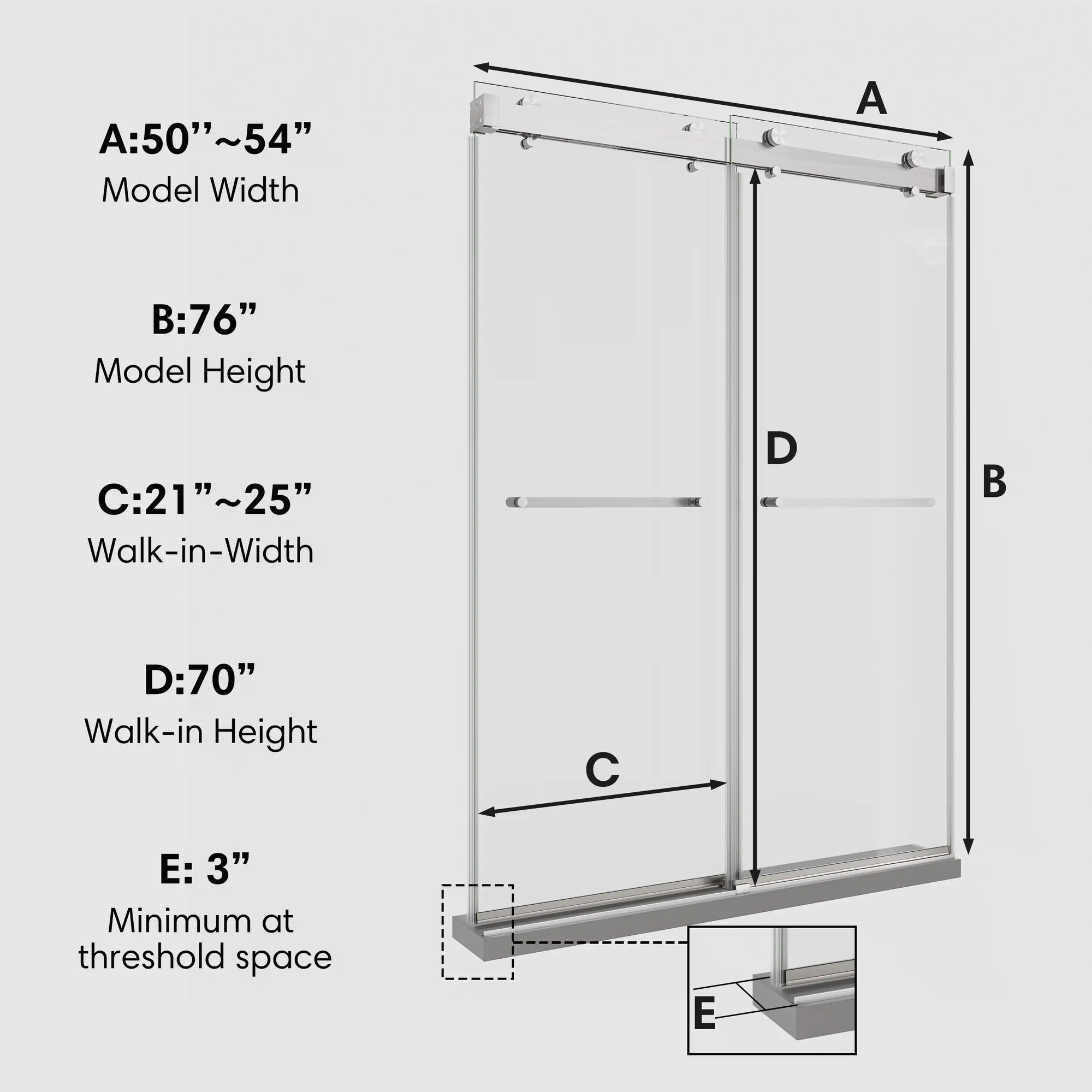 54 x 76 brushed nickel sliding shower doors for small showers, dimension chart showing model width, height, walk-in width, and walk-in height | Ace Decor