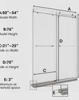 54 x 76 brushed nickel sliding shower doors for small showers, dimension chart showing model width, height, walk-in width, and walk-in height | Ace Decor