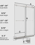 Dimension diagram of 54 x 76 chrome 50-54 sliding shower doors showing width, height, and walk-in measurements for installation reference | Ace Decor