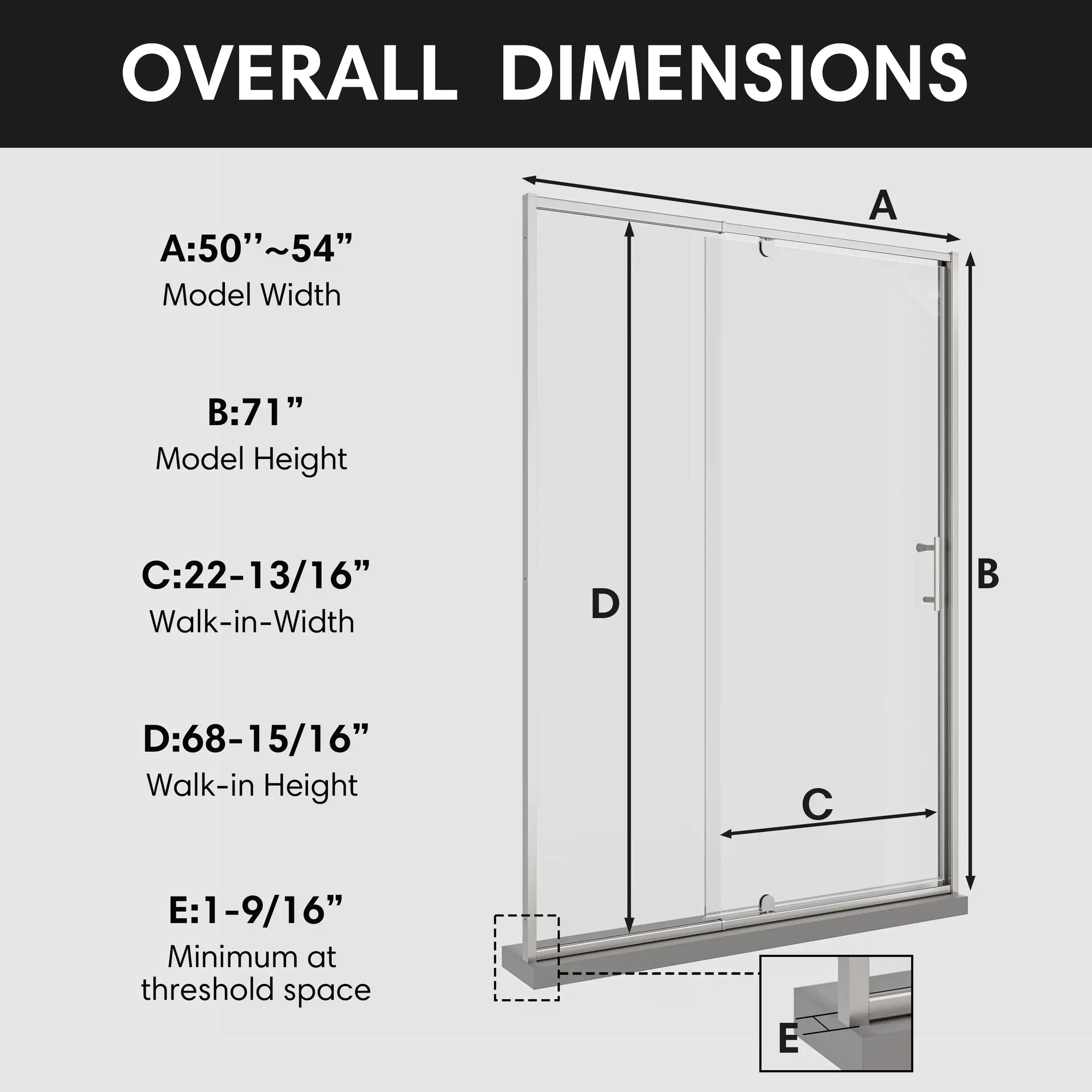 Framed pivot shower doors with overall dimensions chart, watertight shower enclosures size 54 x 71 | Ace Decor