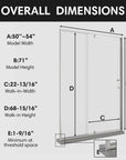 Framed pivot shower doors with overall dimensions chart, watertight shower enclosures size 54 x 71 | Ace Decor