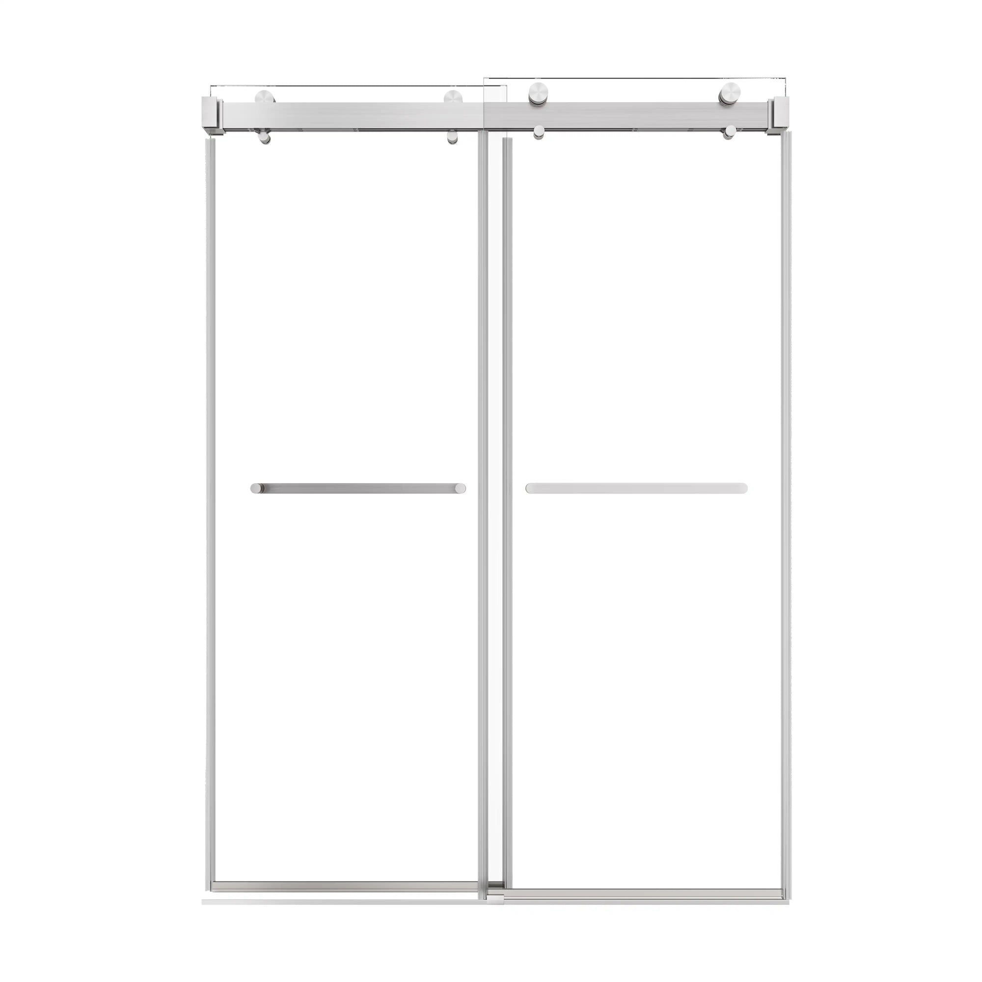 54 x 76 brushed nickel sliding shower doors for small showers with frameless dual panel design and modern towel bars | Ace Decor