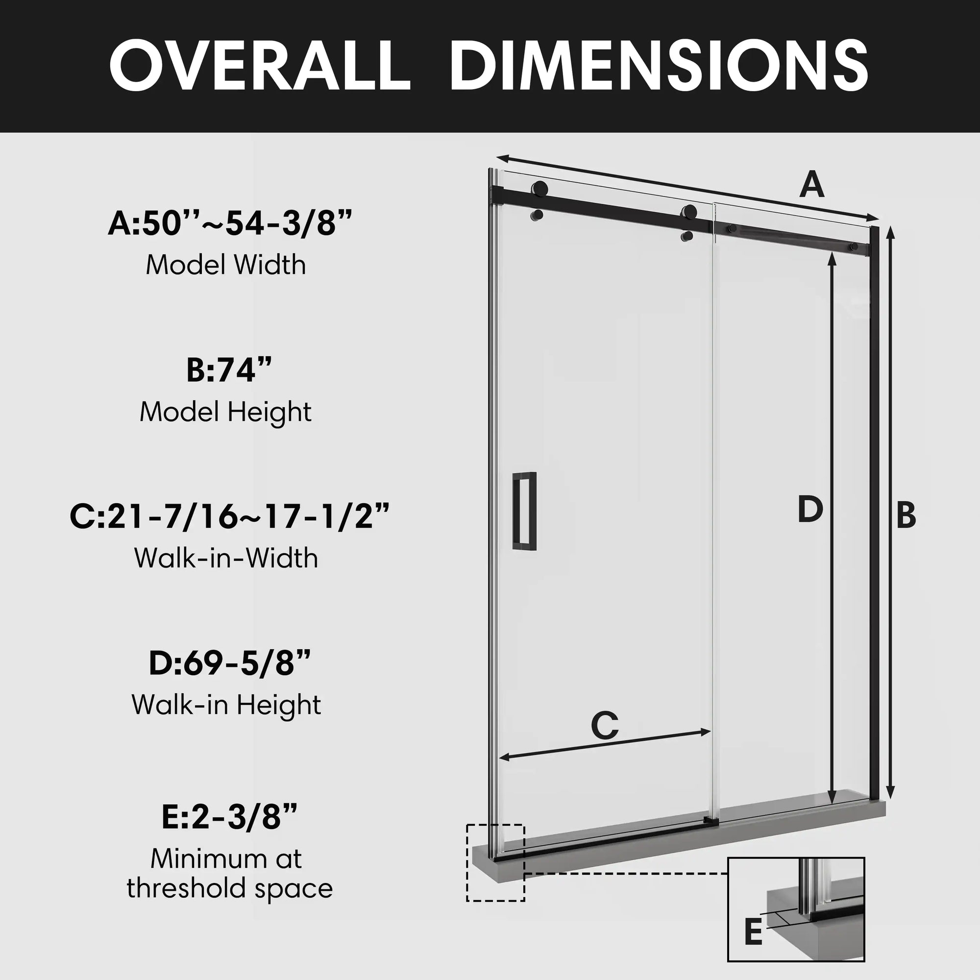 Shower door sliding frameless, overall dimensions showing model size 54 x 74 inches | Ace Decor