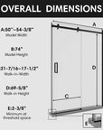 Shower door sliding frameless, overall dimensions showing model size 54 x 74 inches | Ace Decor