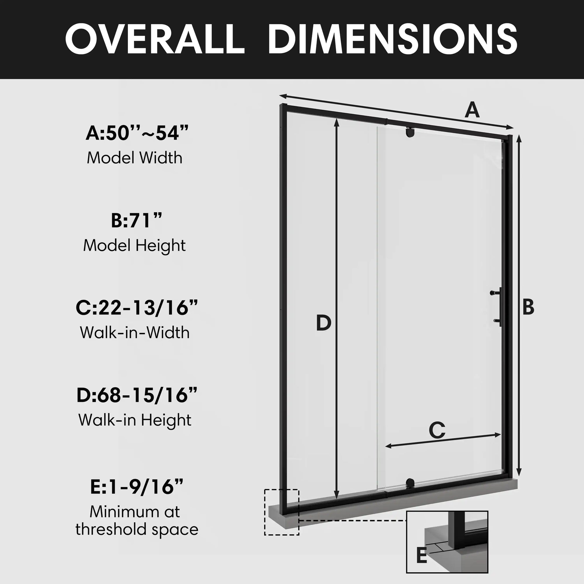 Overall dimensions of framed pivot shower door with side panel, watertight enclosure 54 x 71 | Ace Decor
