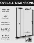 Overall dimensions of framed pivot shower door with side panel, watertight enclosure 54 x 71 | Ace Decor