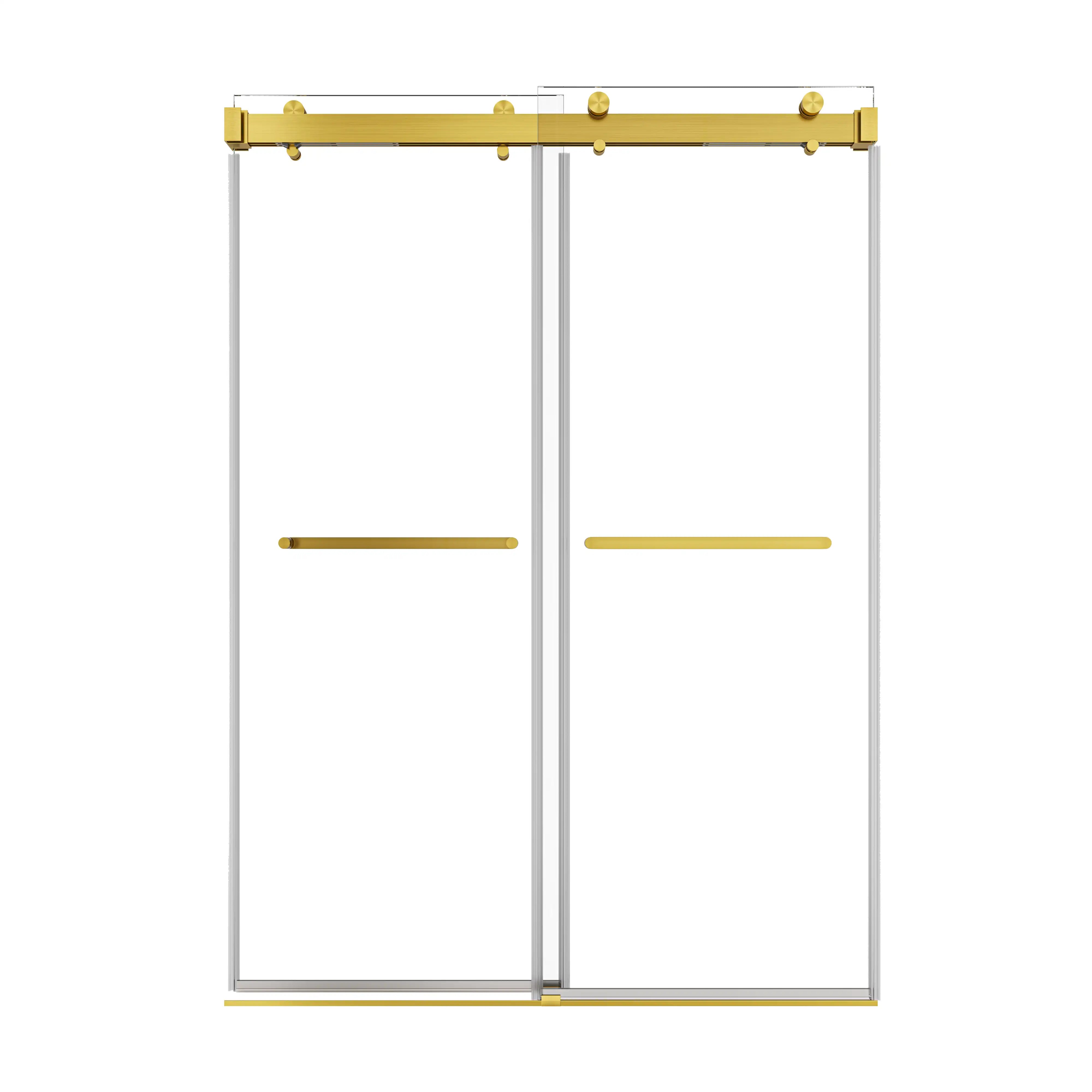 54 x 76 frameless double sliding shower doors in brushed gold finish, featuring minimalist modern design and clear tempered glass | Ace Decor