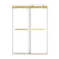 54 x 76 frameless double sliding shower doors in brushed gold finish, featuring minimalist modern design and clear tempered glass | Ace Decor