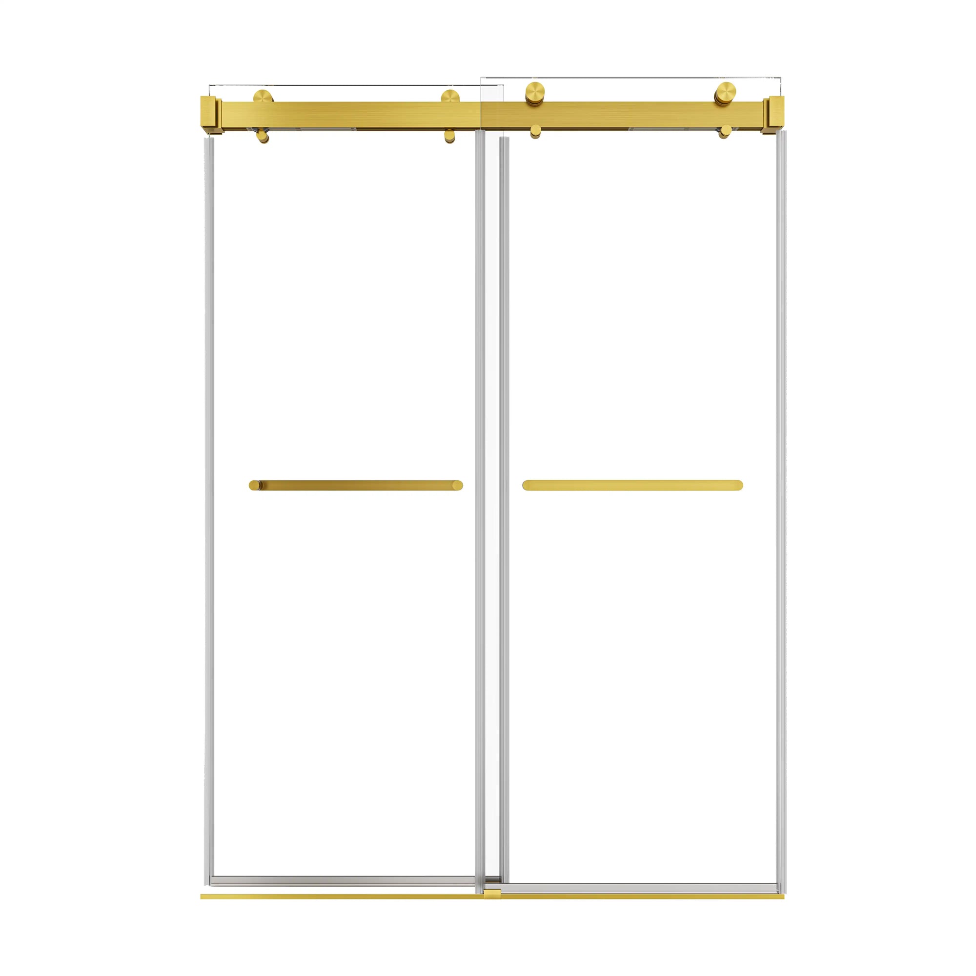 54 x 76 frameless double sliding shower doors in brushed gold finish, featuring minimalist modern design and clear tempered glass | Ace Decor
