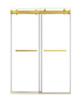 54 x 76 frameless double sliding shower doors in brushed gold finish, featuring minimalist modern design and clear tempered glass | Ace Decor