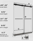 Dimensions diagram of double sliding glass shower doors, 54 x 76 inches, showing width, height, and walk-in range | Ace Decor