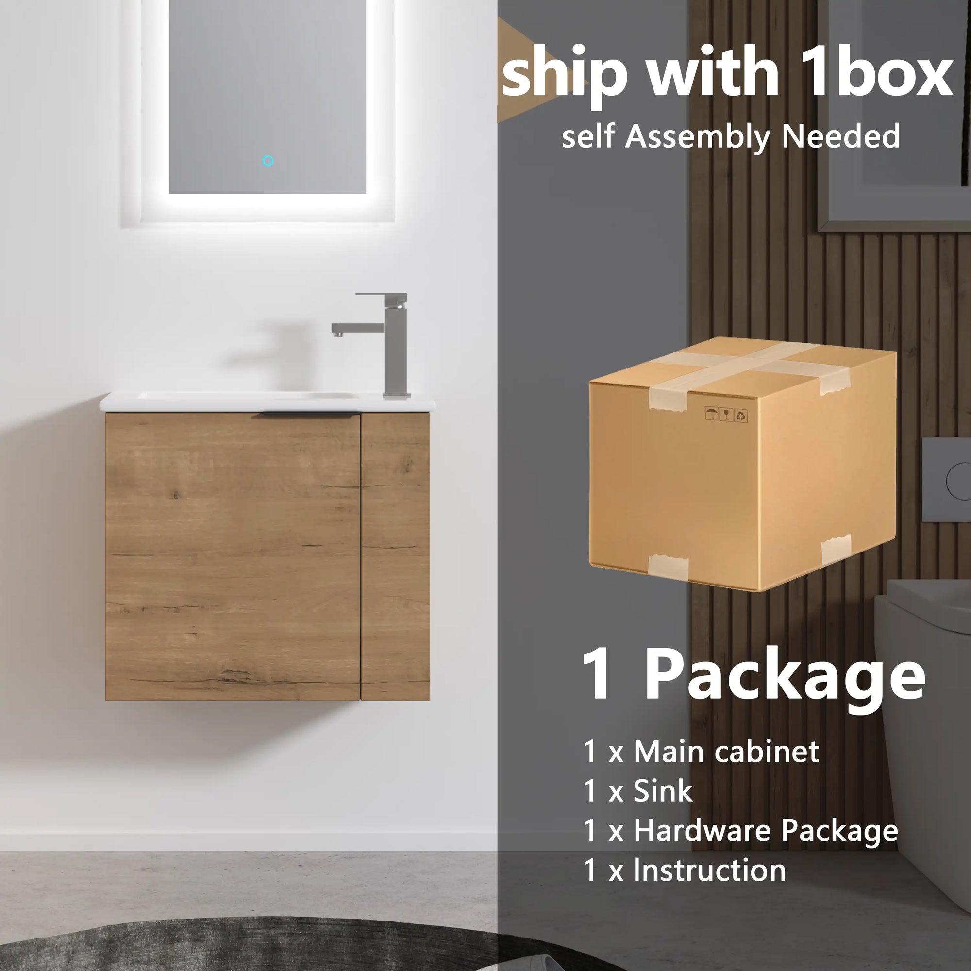 22” Imitative Oak Wall-Mounted Floating Bathroom Vanity Sink - 1 Storage Space & Side Faucet