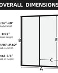 Overall Dimensions of the 60 x 72 Brivio Series matte black sliding shower door.