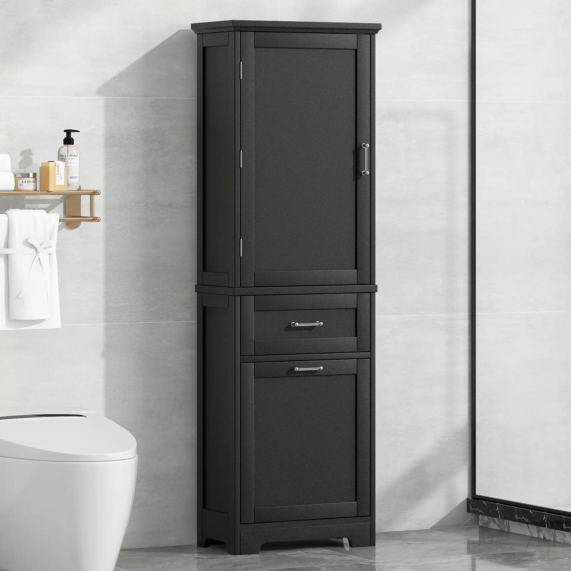 Black Valmor 68.1" Tall Bathroom Cabinet placed in modern bathroom.