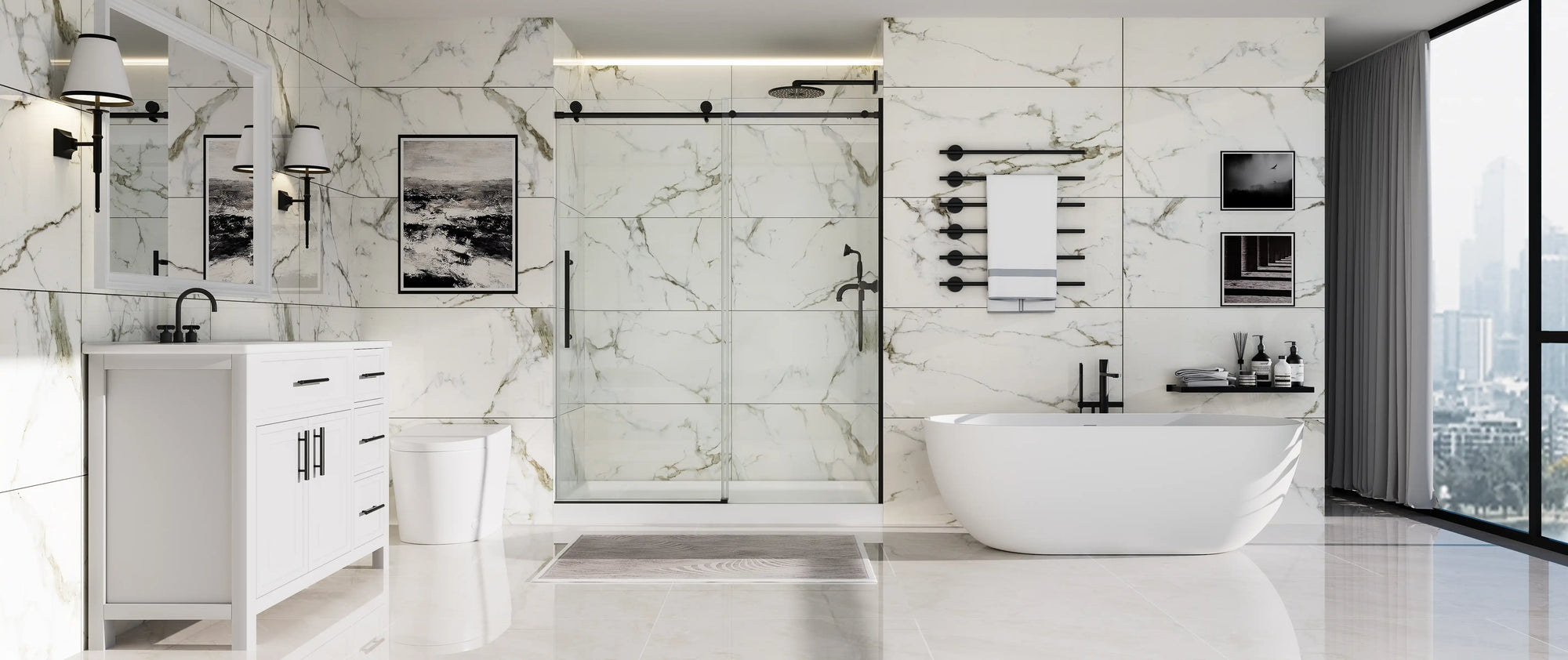 Luxurious Marble Heaven bathroom with white marble walls, freestanding tub, frameless shower door and city view, showcasing elegant design.