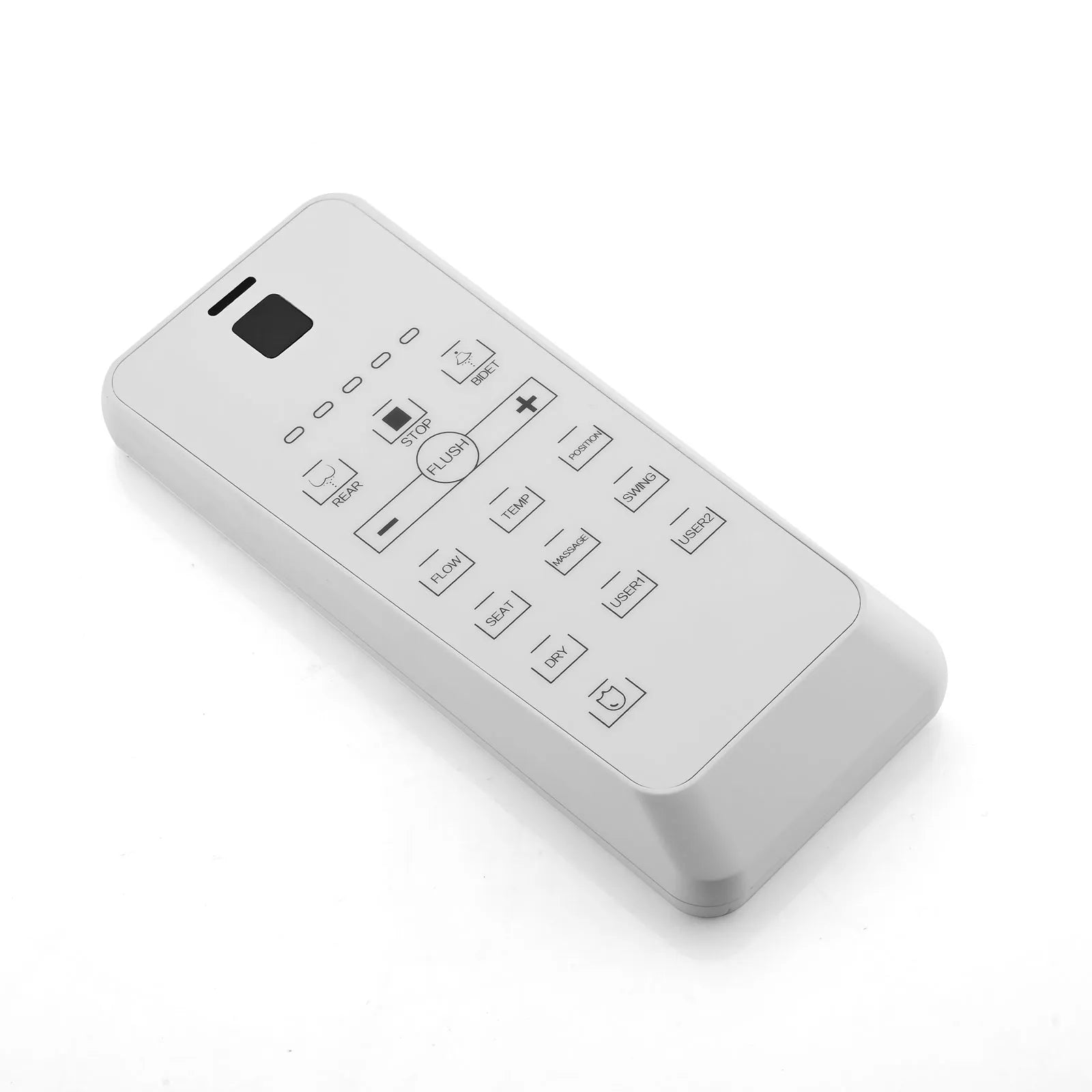 Remote control for LUXOVA Smart Bidet Toilet – flush, heated seat, drying, and bidet spray functions.