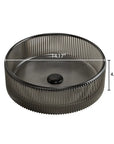 14 inch black bathroom sink with ribbed glass texture shown with height and width measurements | Ace Decor